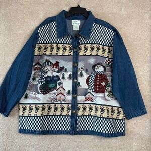 Quacker Factory Christmas Button Up Shirt Size 2X Tapestry Denim Winter